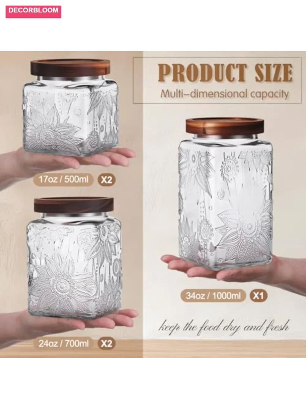 Set of 5 Vintage Glass Jars with Bamboo Airtight Lids Kitchen Food Storage